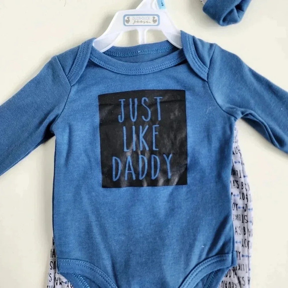 NWT JUST LIKE DADDY Duck Goose Baby Boys 3-Pack Bodysuit Pants Hat Blue 3-6 Mos - Picture 2 of 10